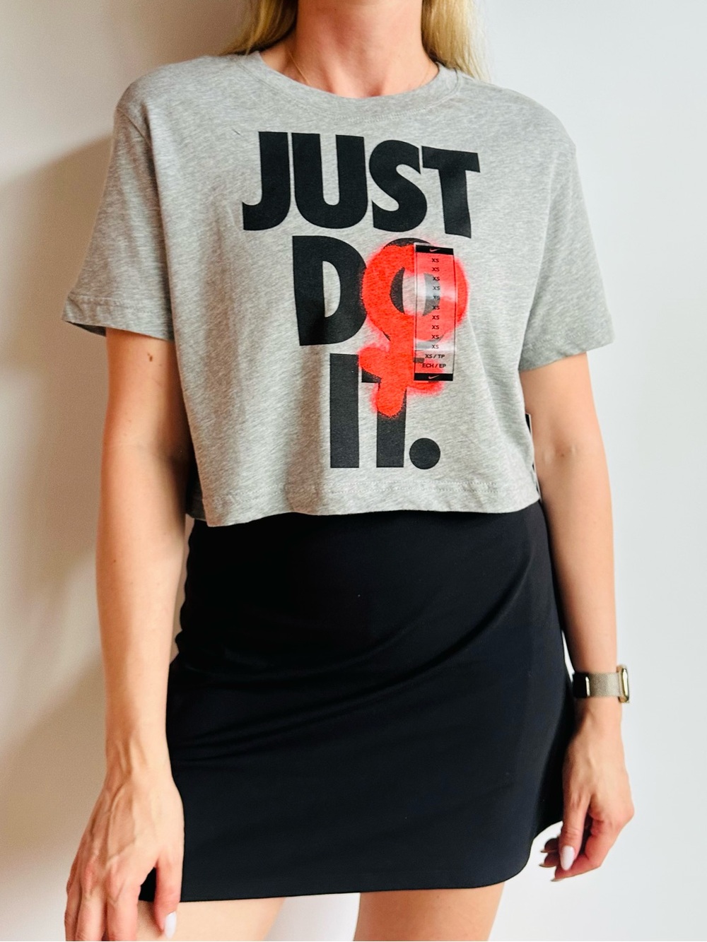 New Nike Grey  'Just Do It' Cotton Lightweight Logo Cropped Tee Top